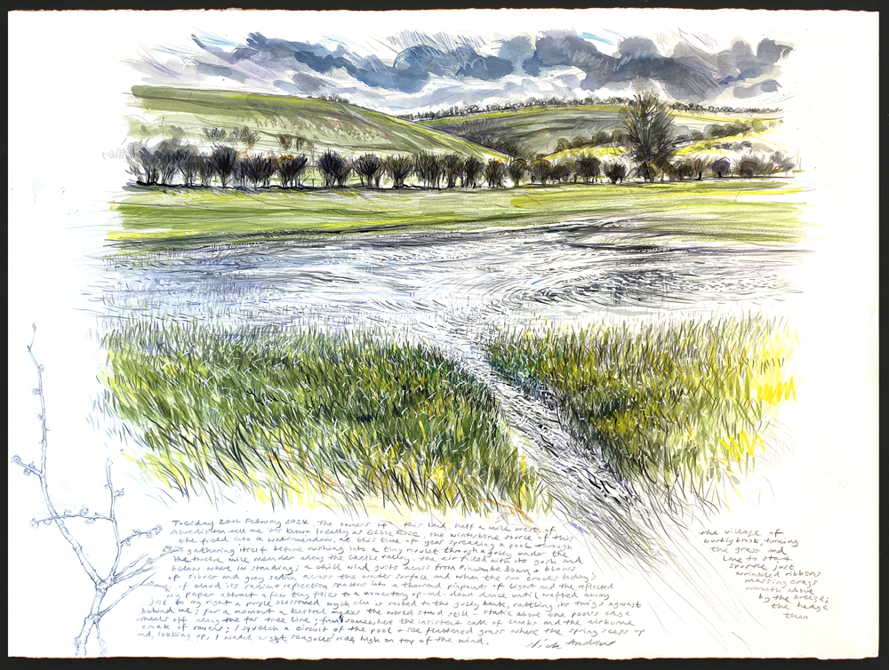 Nick Andrews, Ebble Rise, Alvediston, 2024, mixed media, 76cm x 56cm. private collection.