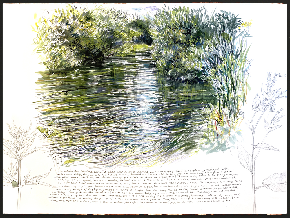 Nick Andrews, Till / Wylye Confluence, Stapleford, 2024, mixed media, 76cm x 56cm, private collection.