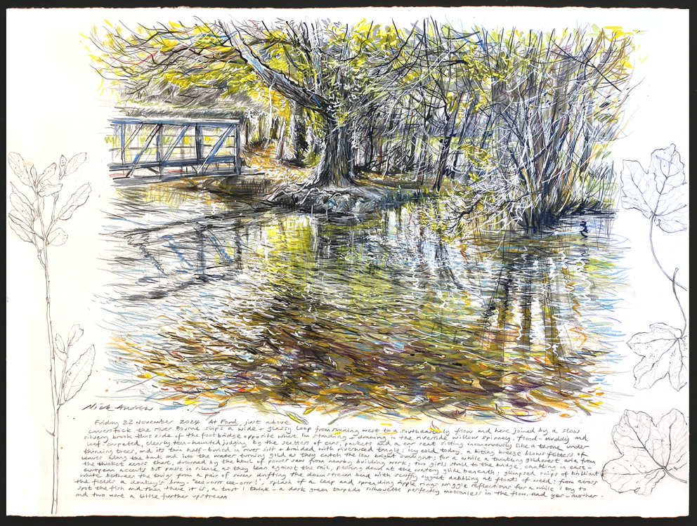 Nick Andrews, Ford Brook Confluence, Ford, 2024, mixed media, 76cm x 56cm, private collection.
