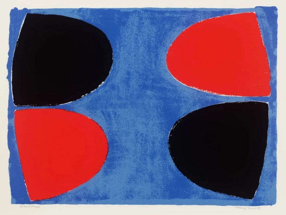 Sir Terry Frost, Red, Black on Blue, 1968, Original Screen print, 57cm x 77cm, David Simon Contemporary.
