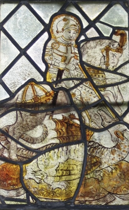 C14 stained glass panel depicting St George and the dragon, St George’s at Kelmscott, Oxfordshire.