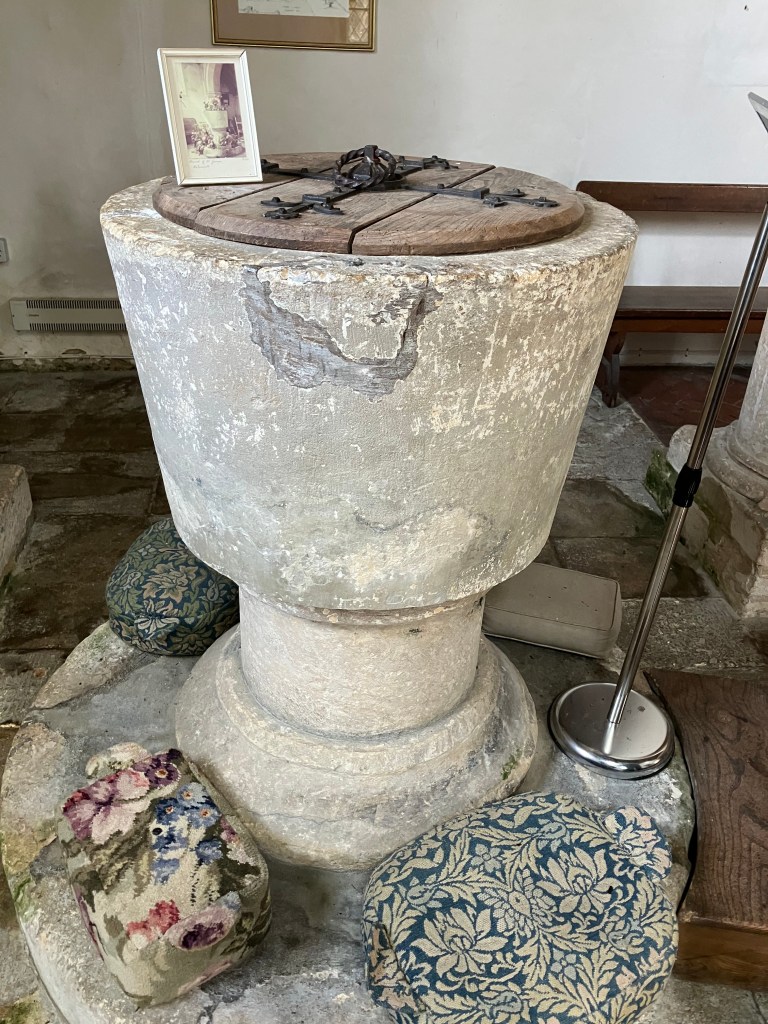 Limestone C14 font, St George’s at Kelmscott, Oxfordshire.