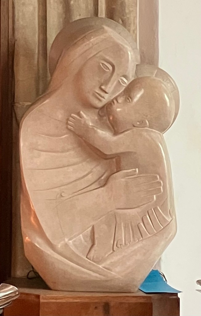 Barbara Hepworth, Madonna and Child, Bianco del Mare marble, 1954, St Ives Parish Church, Cornwall.