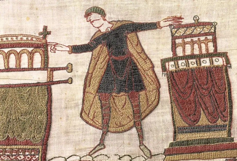Harold swears oath to William on two reliquaries, The Bayeux Tapestry, dyed wool embroidered on linen, 11th century, Bayeux (on loan to British Museum)