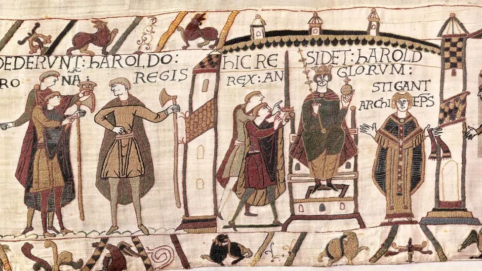 Harold claims English throne after death of Edward the Confessor, The Bayeux Tapestry, dyed wool embroidered on linen, 11th century, Bayeux (on loan to British Museum)