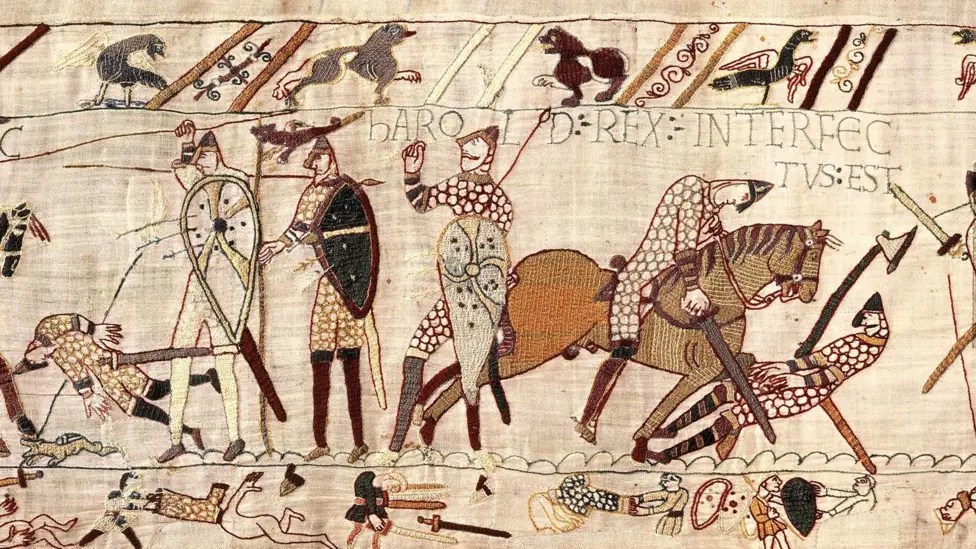 Probably the death of Harold at the Battle of Hastings, The Bayeux Tapestry, dyed wool embroidered on linen, 11th century, Bayeux (on loan to British Museum)