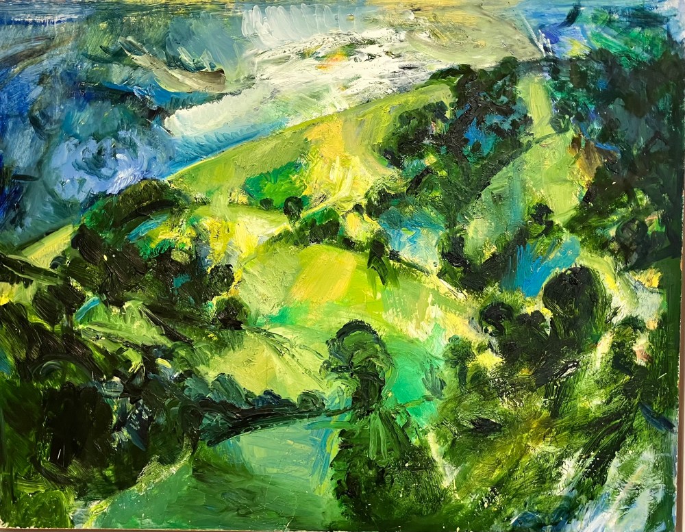 Yasmin David, Untitled (Green Hillside), c1997, oil on board, The Thelma Hulbert Gallery, Honiton.